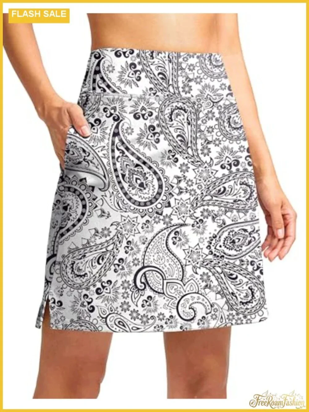 Women's Knee Length Skort with Pockets, High Waisted, Stretchy, Side Slit